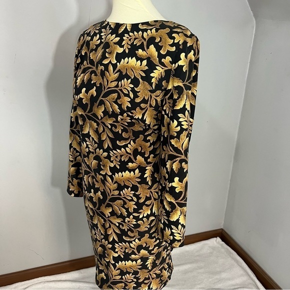 Vintage black and gold silk leaf print long sleeve midi dress romantic ethereal - Picture 8 of 11